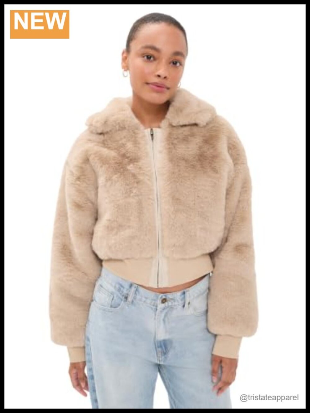 Faux Fur Jacket Zip Front with Ribbed Trim Collared Neck
